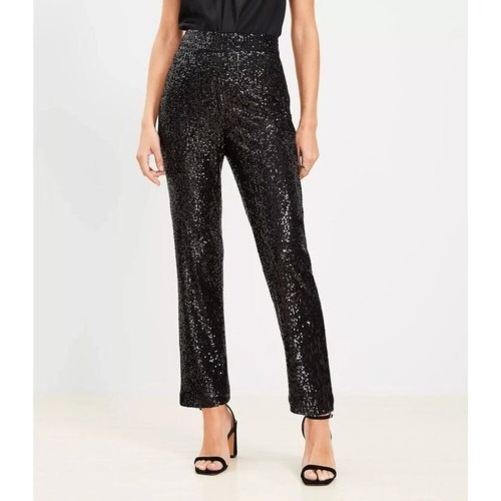 ANN TAYLOR LOFT New Black Sequin Pants Women's Size 12 Straight side Zip